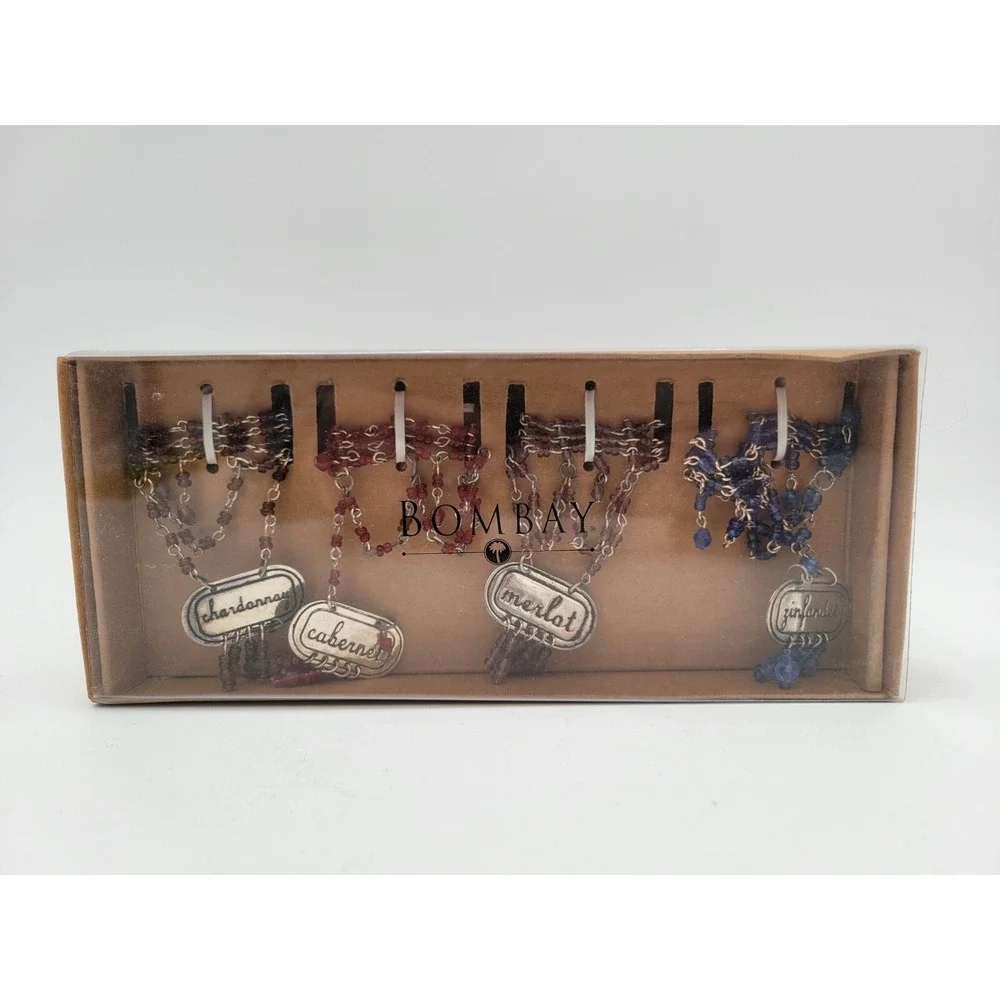 2002 Bombay Co Set of 4 Beaded Wine Bottle Necklace Tags 2217118 Vintage Box